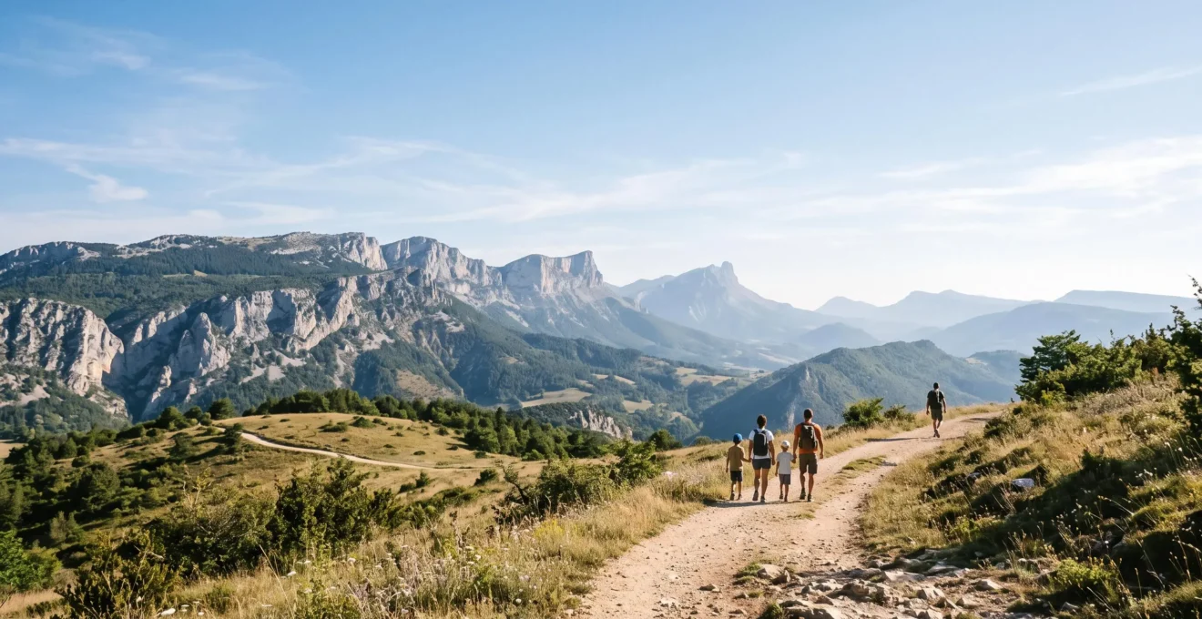 Randonneurs de différents niveaux évoluant sur un sentier de la Drôme entre collines douces et falaises du Vercors en arrière-plan
