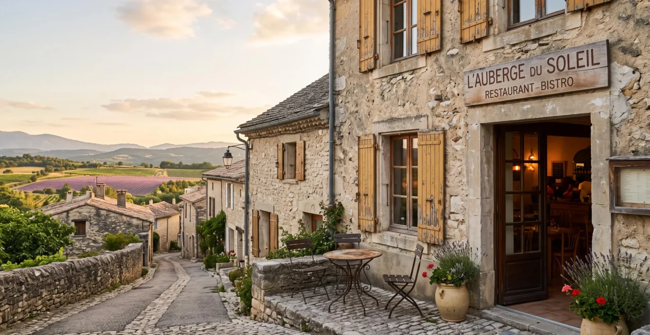 Facade en pierre d'un authentique bistrot de village en Drôme provençale à l'heure dorée