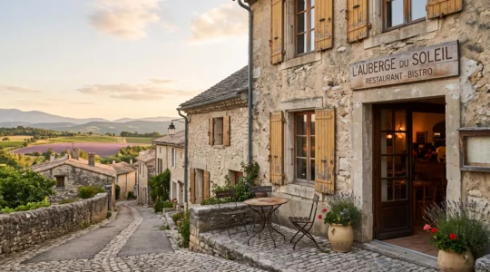 Facade en pierre d'un authentique bistrot de village en Drôme provençale à l'heure dorée