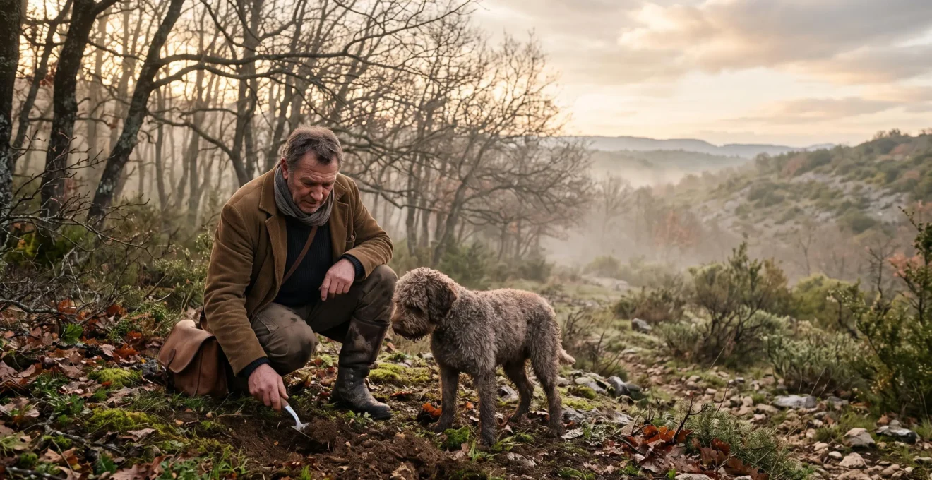 Rabassier et son chien truffier explorant une truffiere brumeuse au petit matin dans le Tricastin