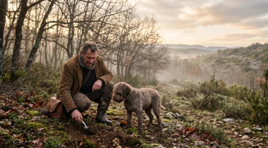Rabassier et son chien truffier explorant une truffiere brumeuse au petit matin dans le Tricastin