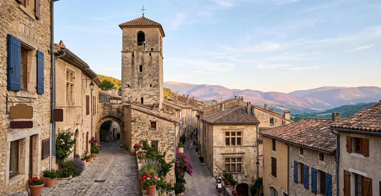 Vue d'un village perché de la Drôme illustrant la superposition des styles architecturaux à travers les siècles