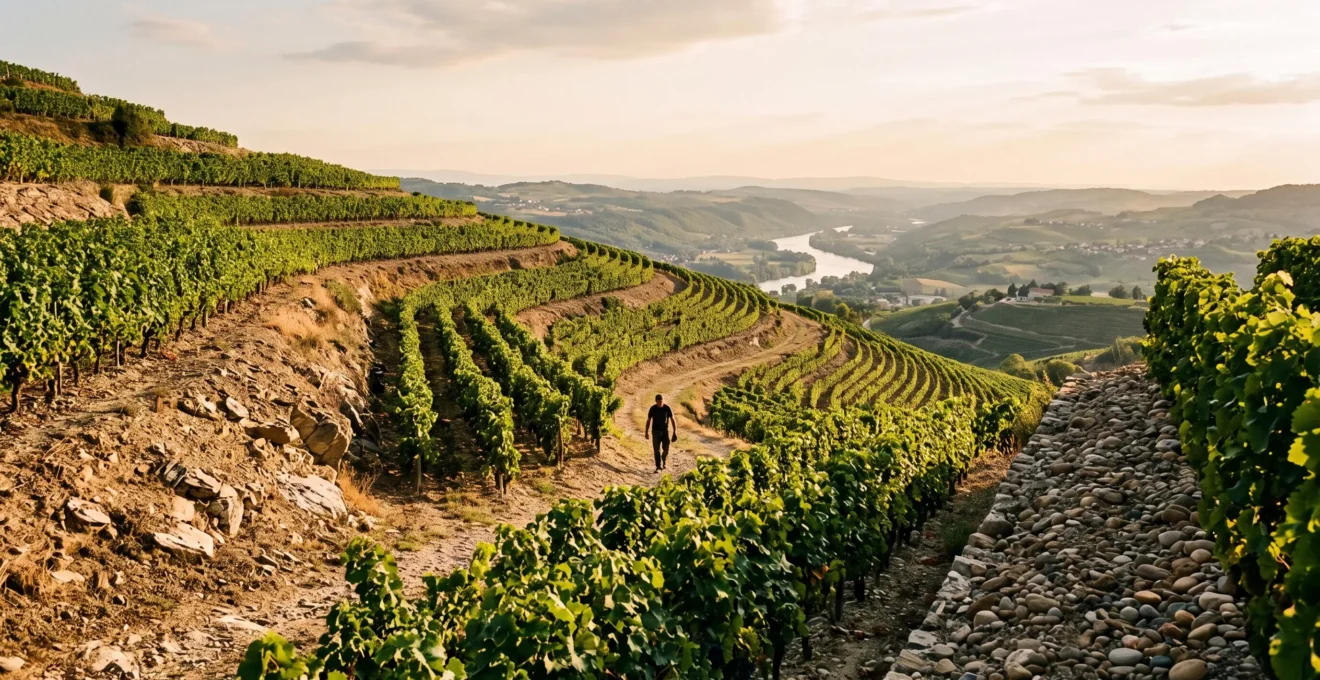 Vue panoramique d'un vignoble en terrasses dans la vallée du Rhône drômoise au lever du soleil, illustrant la diversité des terroirs viticoles