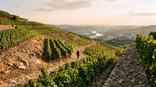 Vue panoramique d'un vignoble en terrasses dans la vallée du Rhône drômoise au lever du soleil, illustrant la diversité des terroirs viticoles