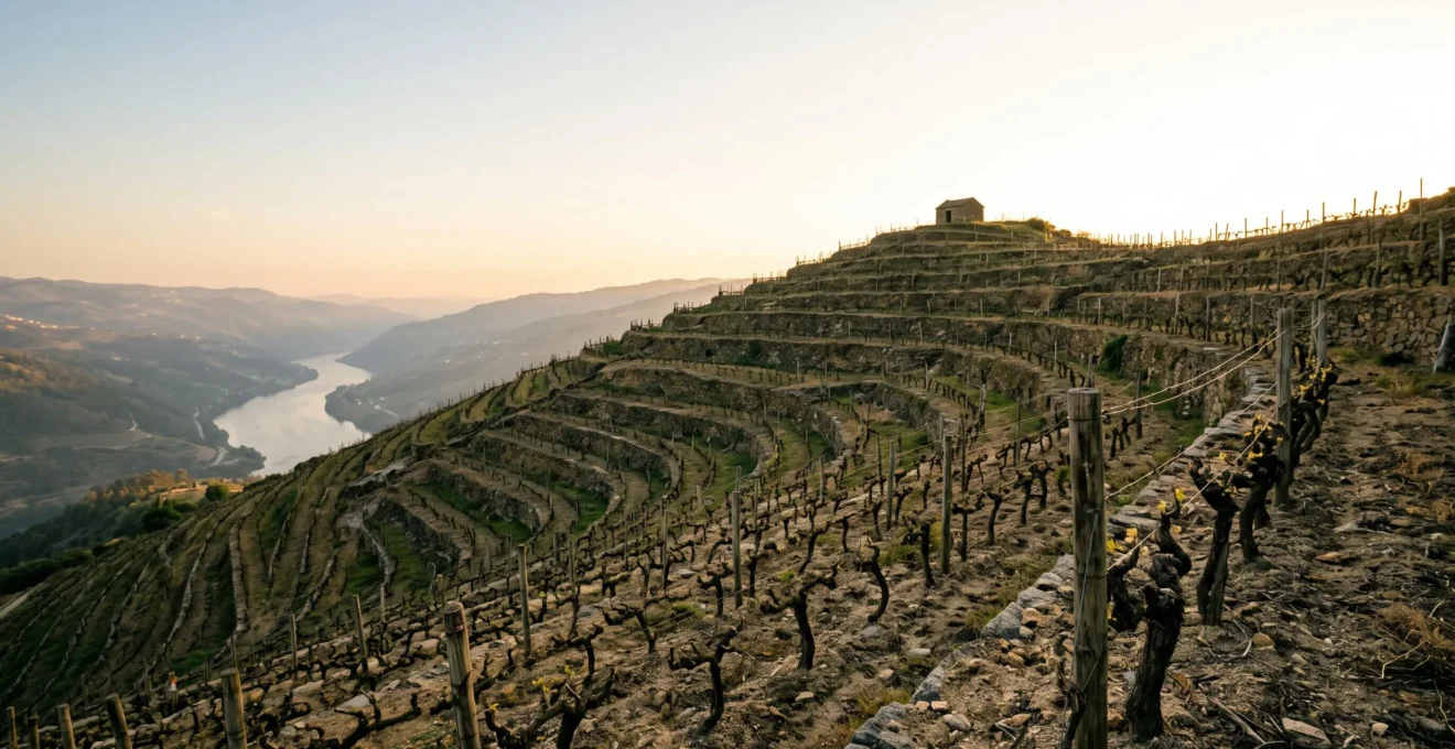 Coteaux escarpes du vignoble d'Hermitage domines par des terrasses de granit sous une lumiere doree de fin de journee