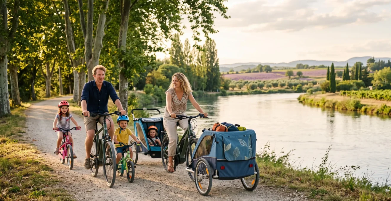 Famille avec deux enfants roulant à vélo en toute sécurité sur une voie verte ombragée en Drôme, au bord d'une rivière