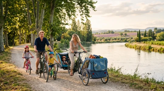 Famille avec deux enfants roulant à vélo en toute sécurité sur une voie verte ombragée en Drôme, au bord d'une rivière