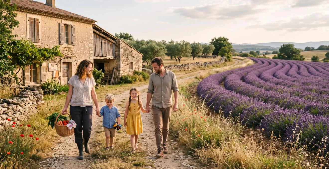 Une famille visite une ferme drômoise entourée de champs de lavande, découvrant l'agriculture locale