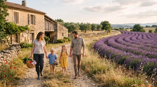 Une famille visite une ferme drômoise entourée de champs de lavande, découvrant l'agriculture locale