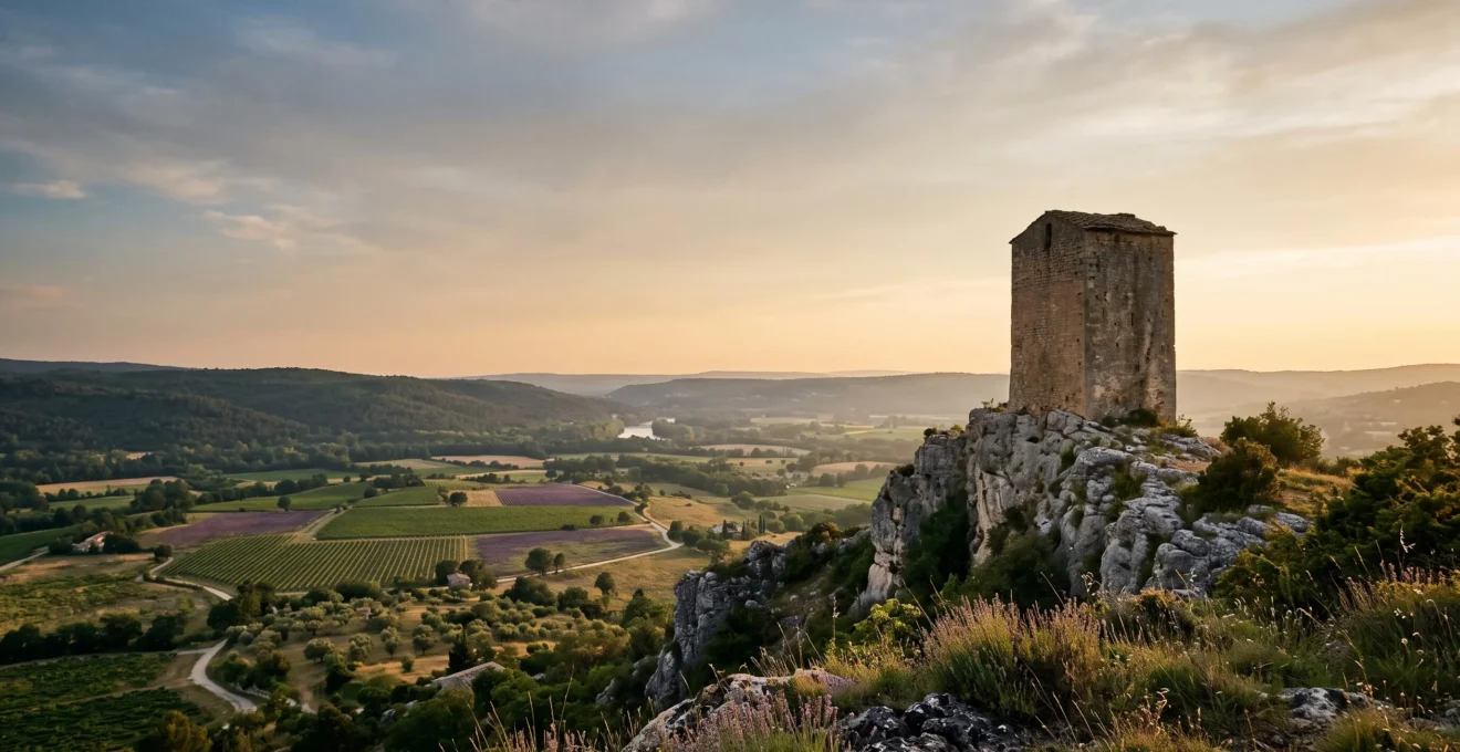 Vue panoramique d'un donjon medieval dominant les paysages vallonnes de la Drome au coucher du soleil