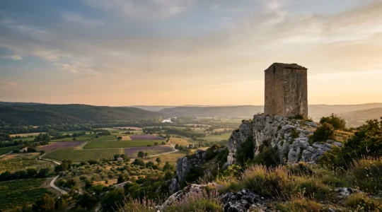 Vue panoramique d'un donjon medieval dominant les paysages vallonnes de la Drome au coucher du soleil