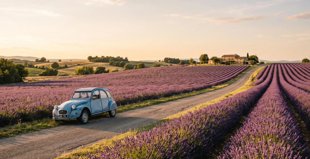 Route sinueuse traversant un vaste champ de lavande en fleur sous une lumière dorée de fin de journée en Provence
