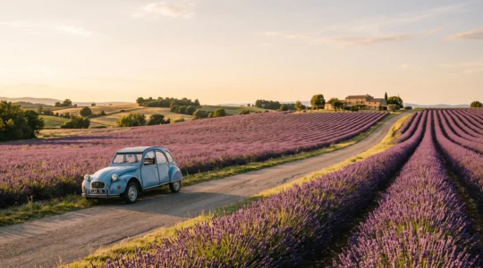 Route sinueuse traversant un vaste champ de lavande en fleur sous une lumière dorée de fin de journée en Provence