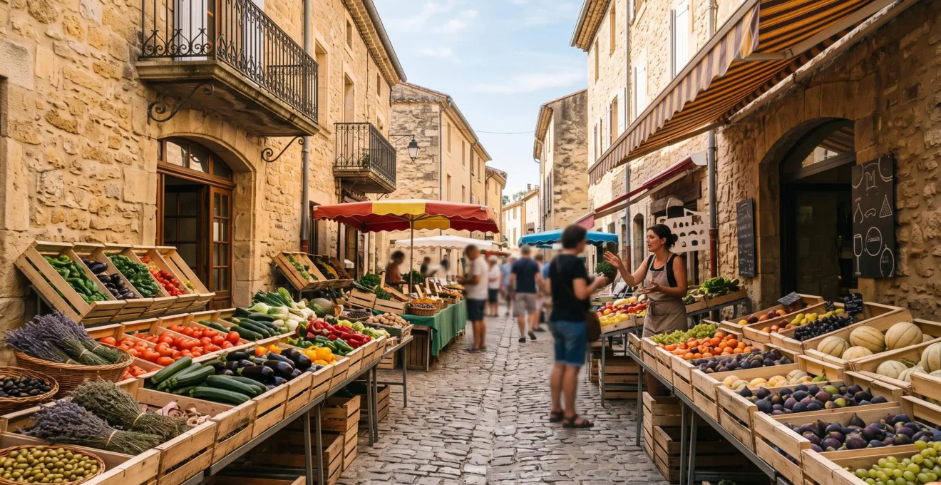 Étal coloré d'un marché provençal traditionnel en Drôme au petit matin, avec fruits, olives et herbes de Provence