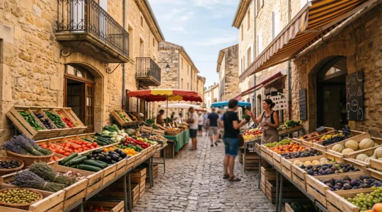 Étal coloré d'un marché provençal traditionnel en Drôme au petit matin, avec fruits, olives et herbes de Provence