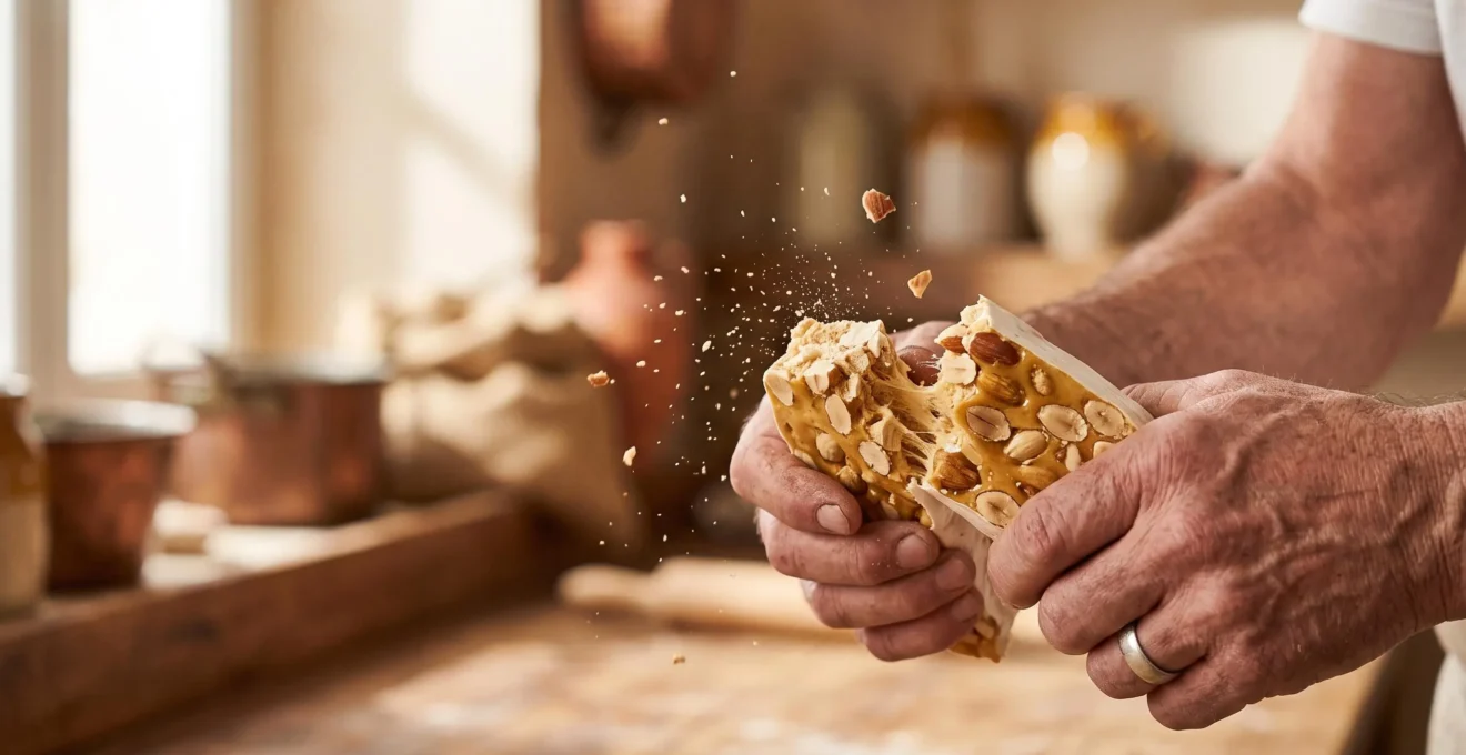 Artisan confiseur cassant une barre de nougat de Montelimar pour reveler sa texture authentique aux amandes