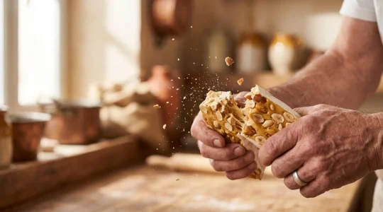 Artisan confiseur cassant une barre de nougat de Montelimar pour reveler sa texture authentique aux amandes
