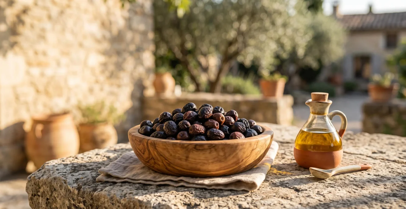 Bol en bois rempli d'olives noires ridées de Nyons AOP posé sur une table en pierre, avec un filet d'huile d'olive dorée en arrière-plan flou