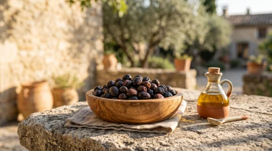 Bol en bois rempli d'olives noires ridées de Nyons AOP posé sur une table en pierre, avec un filet d'huile d'olive dorée en arrière-plan flou