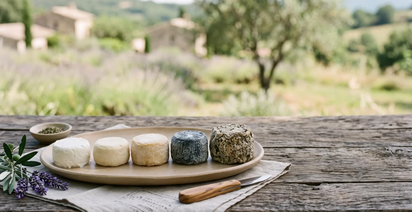 Plusieurs Picodon AOP présentés côte à côte à différents stades d'affinage sur une table rustique en Drôme