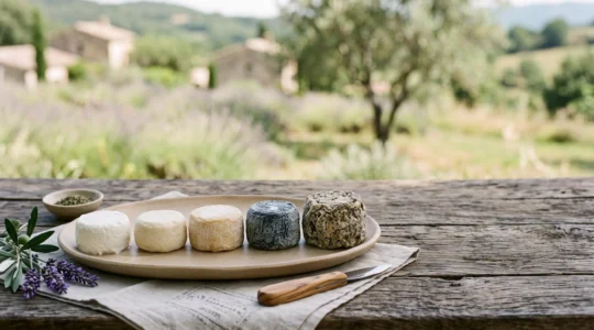 Plusieurs Picodon AOP présentés côte à côte à différents stades d'affinage sur une table rustique en Drôme