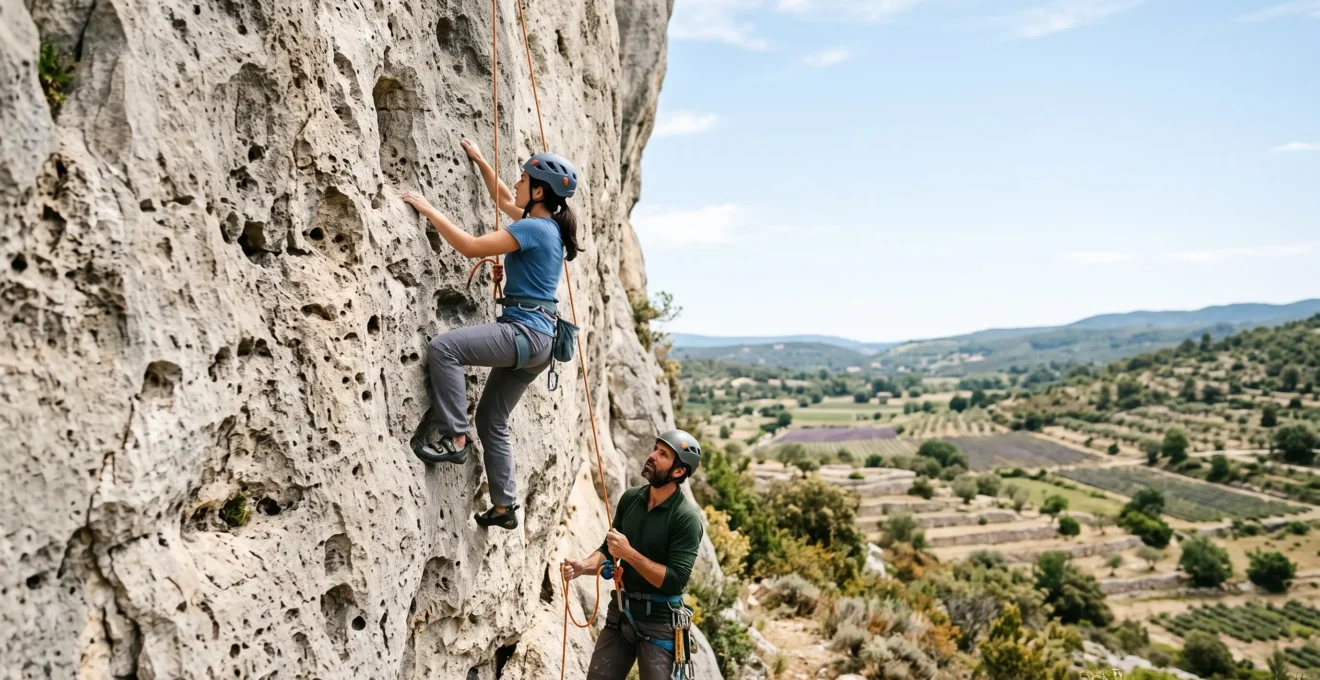 Grimpeur débutant encordé progressant sur une falaise calcaire ensoleillée en Drôme, encadré par un moniteur