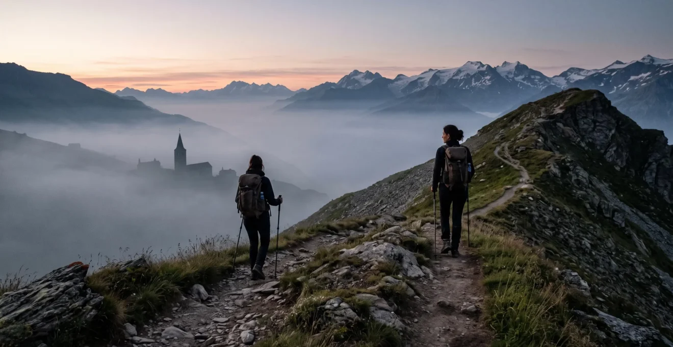 Randonneur solitaire marchant sur un sentier de crête en montagne au lever du jour, évoquant le chemin de mémoire des Huguenots