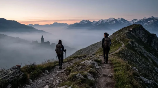 Randonneur solitaire marchant sur un sentier de crête en montagne au lever du jour, évoquant le chemin de mémoire des Huguenots