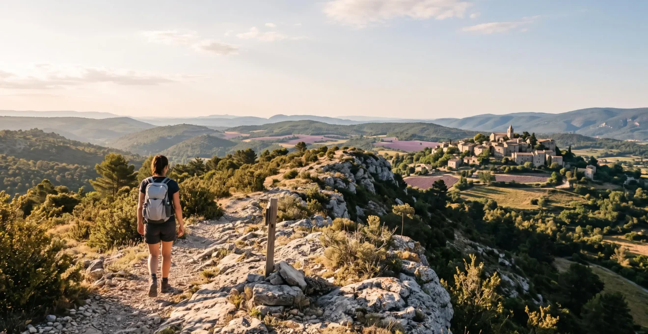 Randonneur seul sur un sentier de crête surplombant un village perché des Baronnies au lever du soleil, sac à dos léger, sans aucune voiture visible
