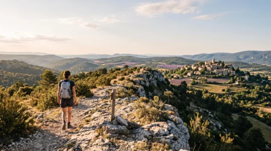 Randonneur seul sur un sentier de crête surplombant un village perché des Baronnies au lever du soleil, sac à dos léger, sans aucune voiture visible