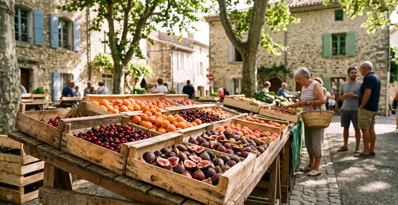 Assortiment de fruits du terroir nyonsais, abricots, cerises et figues, presentes dans des cagettes en bois sur un etal de marche provencal