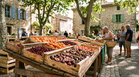 Assortiment de fruits du terroir nyonsais, abricots, cerises et figues, presentes dans des cagettes en bois sur un etal de marche provencal
