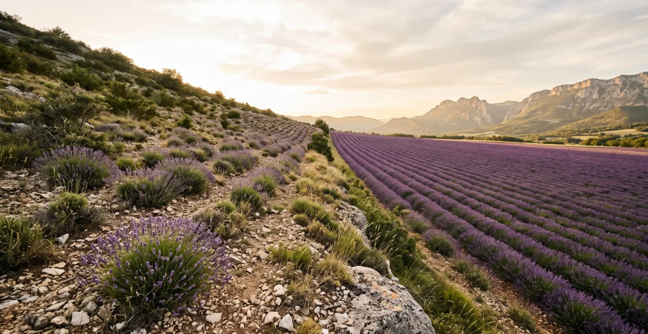 Deux parcelles voisines de lavande en Provence, l'une en touffes irrégulières de lavande fine sur un coteau, l'autre en rangs denses de lavandin en plaine, sous une lumière d'été.