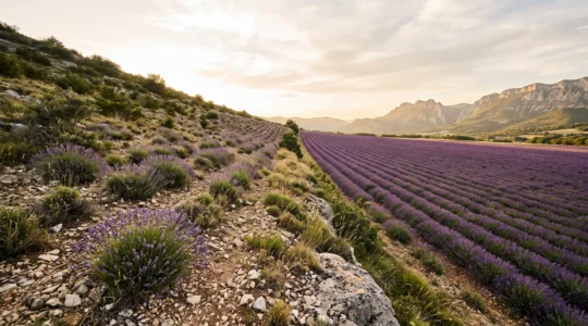 Deux parcelles voisines de lavande en Provence, l'une en touffes irrégulières de lavande fine sur un coteau, l'autre en rangs denses de lavandin en plaine, sous une lumière d'été.