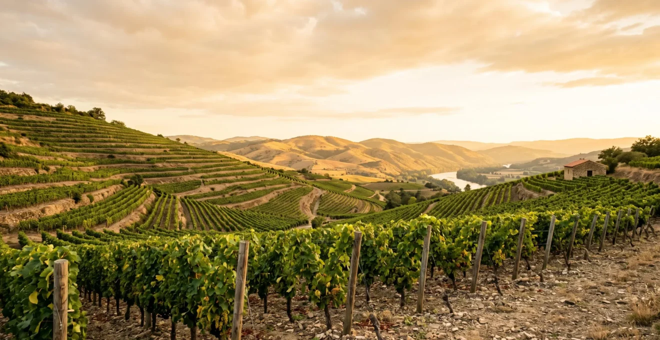 Vue panoramique au coucher du soleil sur les coteaux de vignes des Côtes du Rhône en Drôme, symbolisant un itinéraire d'initiation œnologique