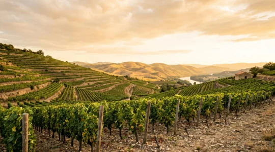 Vue panoramique au coucher du soleil sur les coteaux de vignes des Côtes du Rhône en Drôme, symbolisant un itinéraire d'initiation œnologique