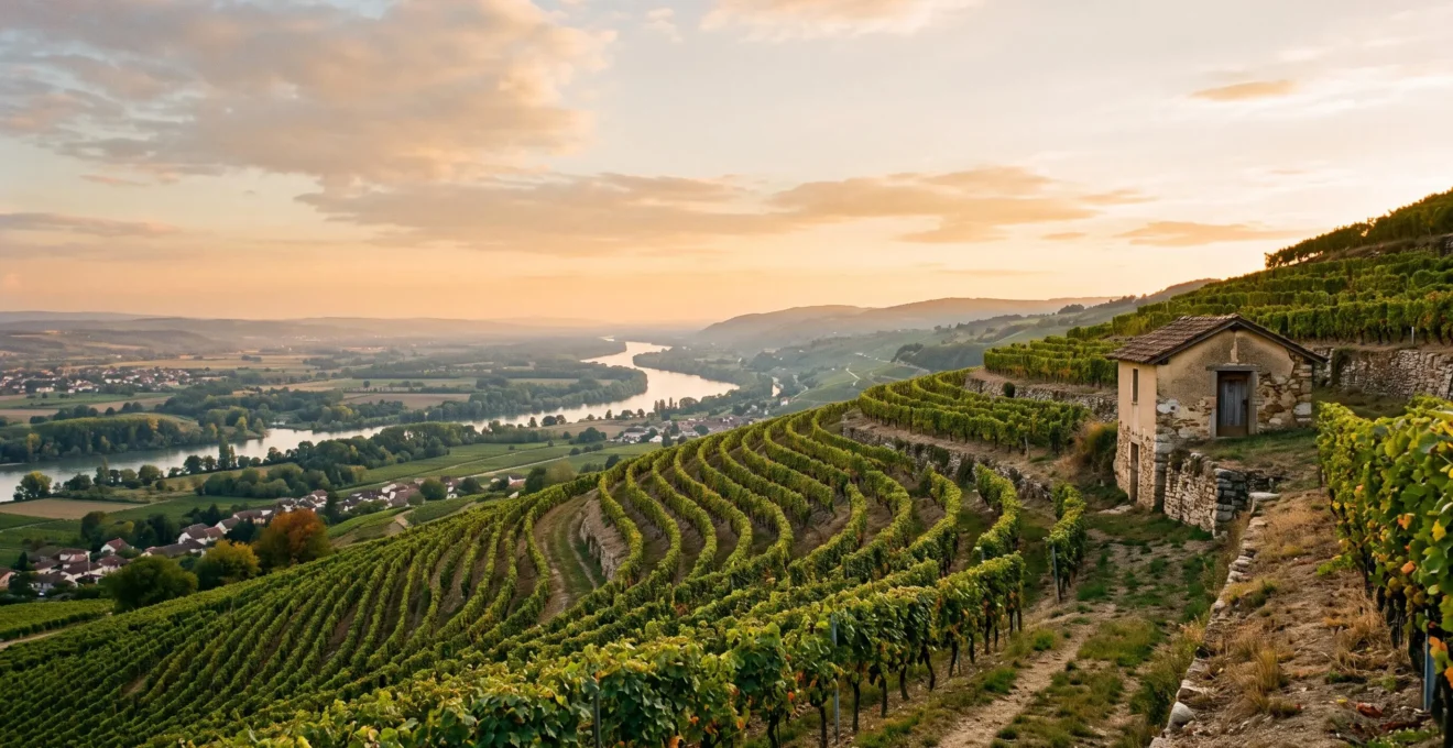 Vue panoramique sur des vignes en terrasses dominant la vallée du Rhône dans la Drôme au coucher du soleil
