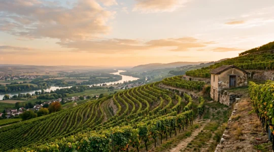 Vue panoramique sur des vignes en terrasses dominant la vallée du Rhône dans la Drôme au coucher du soleil