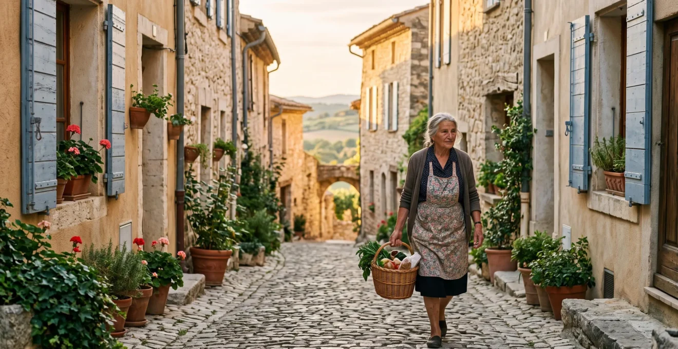 Ruelle en pierre d'un village drômois baignée de lumière douce, symbole d'une expérience de voyage locale et authentique