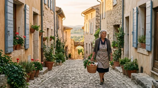 Ruelle en pierre d'un village drômois baignée de lumière douce, symbole d'une expérience de voyage locale et authentique