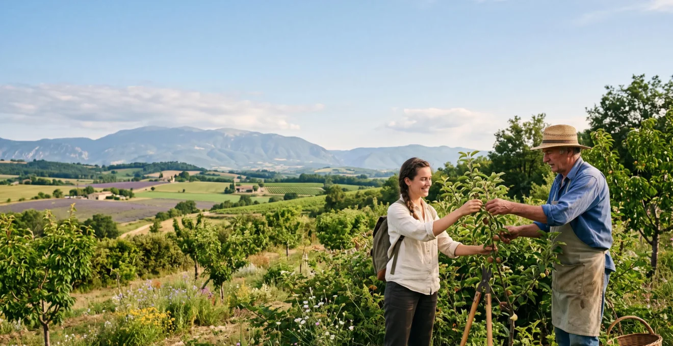Voyageur participant activement aux travaux d'une ferme innovante en Drôme au lever du jour