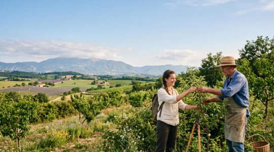 Voyageur participant activement aux travaux d'une ferme innovante en Drôme au lever du jour