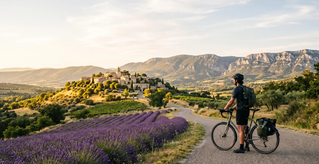 Cycliste faisant une pause devant un village perché drômois entre lavande et falaises du Vercors