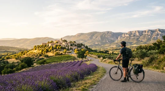 Cycliste faisant une pause devant un village perché drômois entre lavande et falaises du Vercors