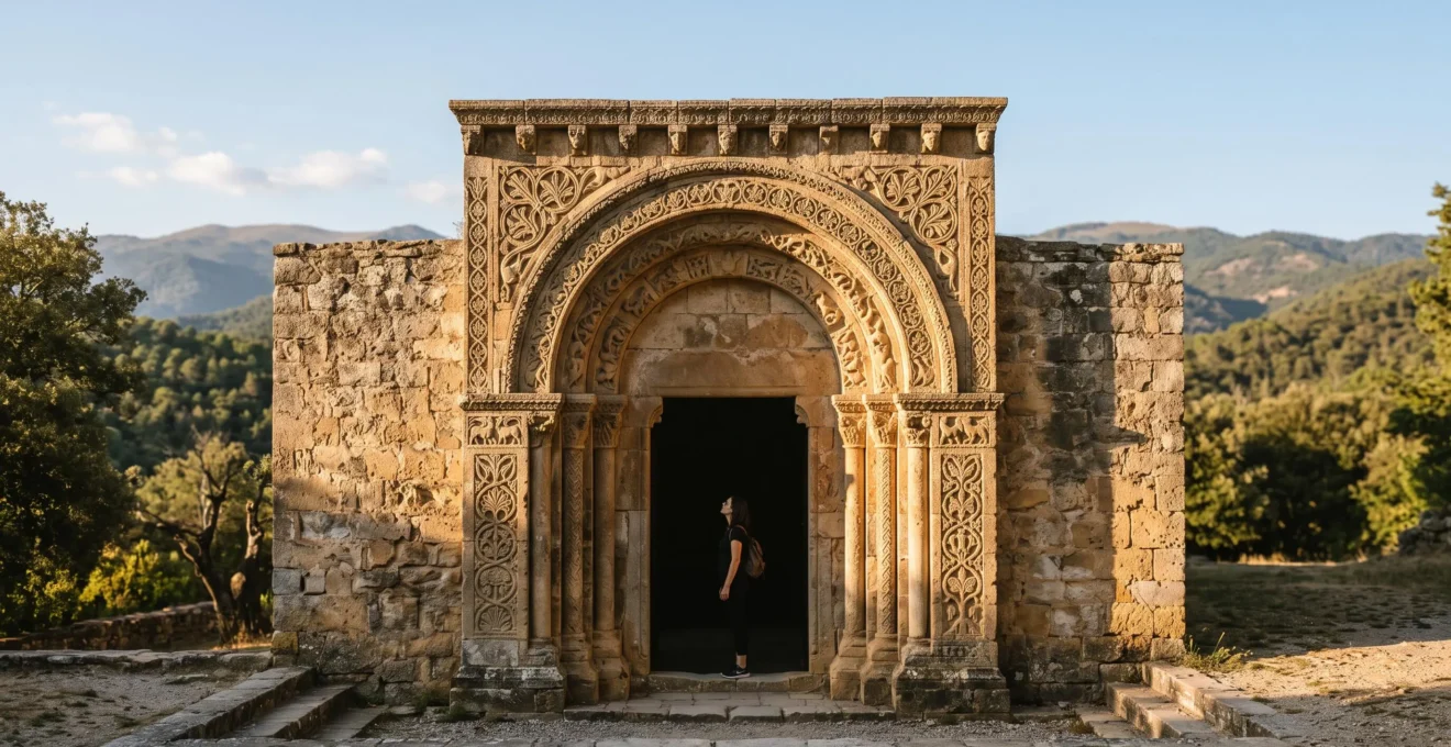 Portail sculpté d'une abbaye romane de la Drôme baigné de lumière rasante, révélant des motifs symboliques gravés dans la pierre