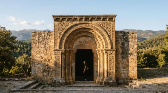 Portail sculpté d'une abbaye romane de la Drôme baigné de lumière rasante, révélant des motifs symboliques gravés dans la pierre
