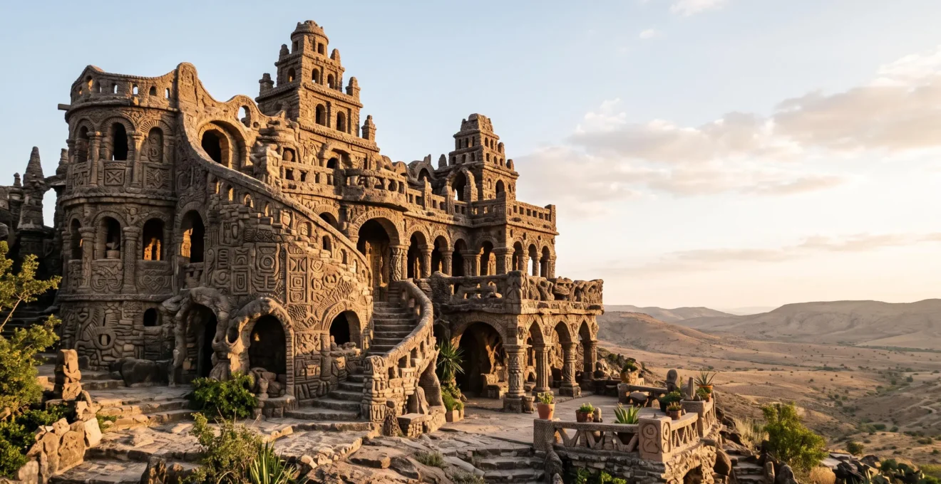 Facade sculptee en pierre melant tourelles, grottes et motifs inspires de temples du monde entier, baignee de lumiere doree