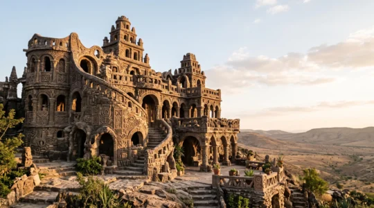 Facade sculptee en pierre melant tourelles, grottes et motifs inspires de temples du monde entier, baignee de lumiere doree