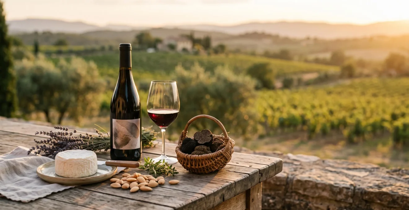 Table dressée en plein air avec des produits du terroir drômois sous la lumière dorée du soir