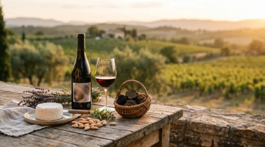 Table dressée en plein air avec des produits du terroir drômois sous la lumière dorée du soir